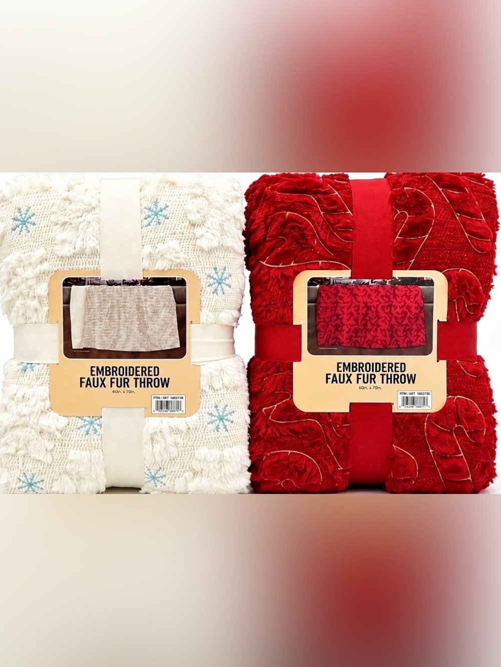 NWT Costco Holiday Faux Fur Throw Blankets Lot of 2 Candy Cane Red & Snowflake